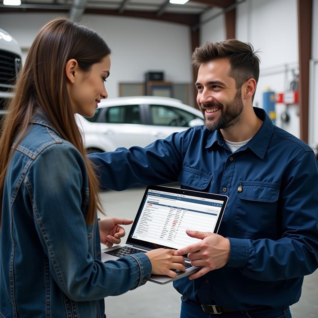 Mechanic discussing a diagnostic report with a car owner