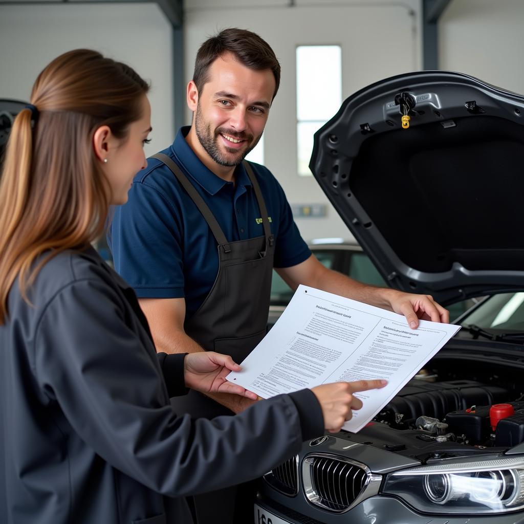 Mechanic Explaining Diagnostic Report to Car Owner