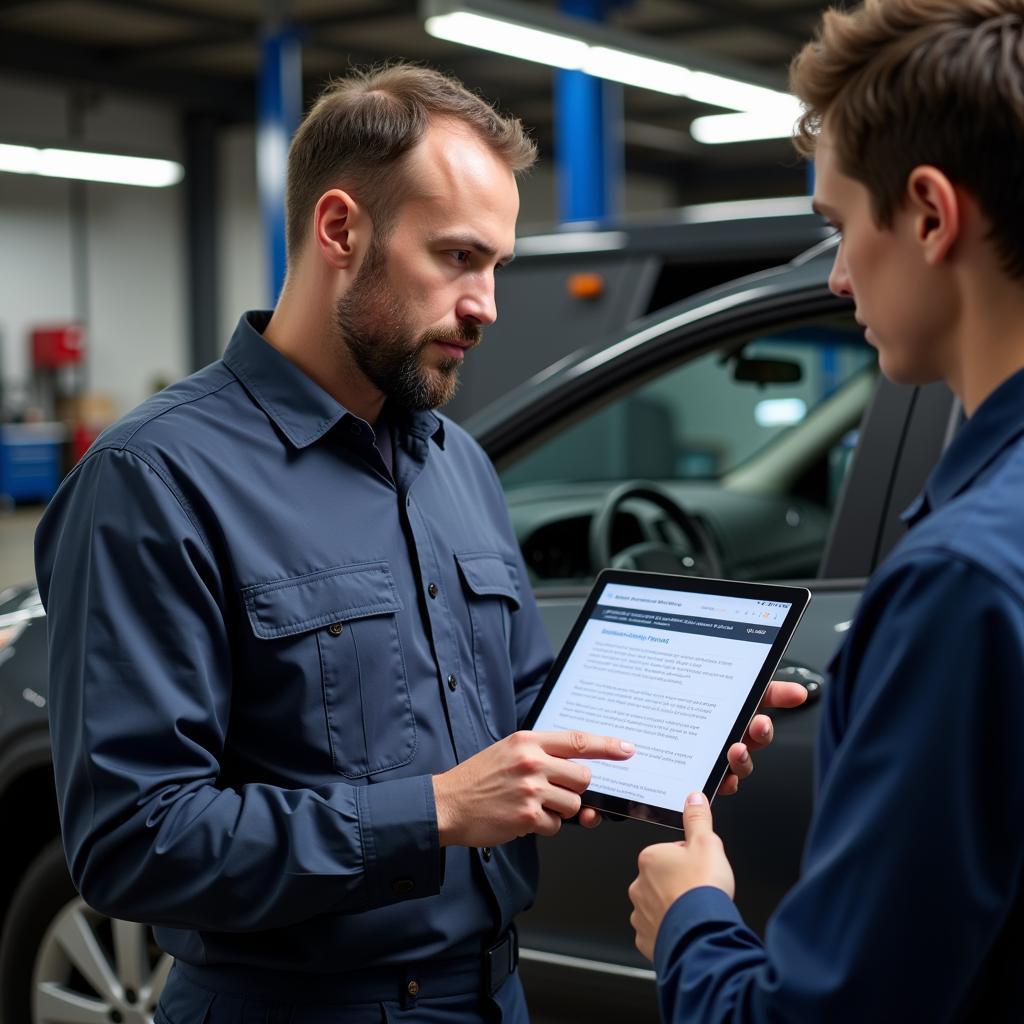 Mechanic Explaining Diagnostic Report to Car Owner