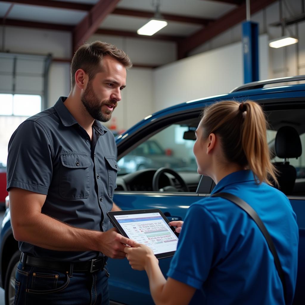 Mechanic explaining car diagnostic results to a car owner