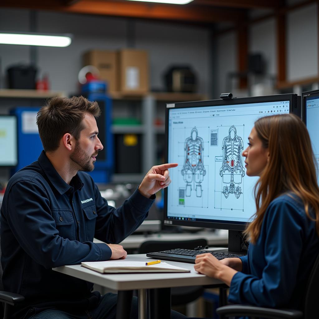 A mechanic explains the results of a car diagnostic test to a car owner.