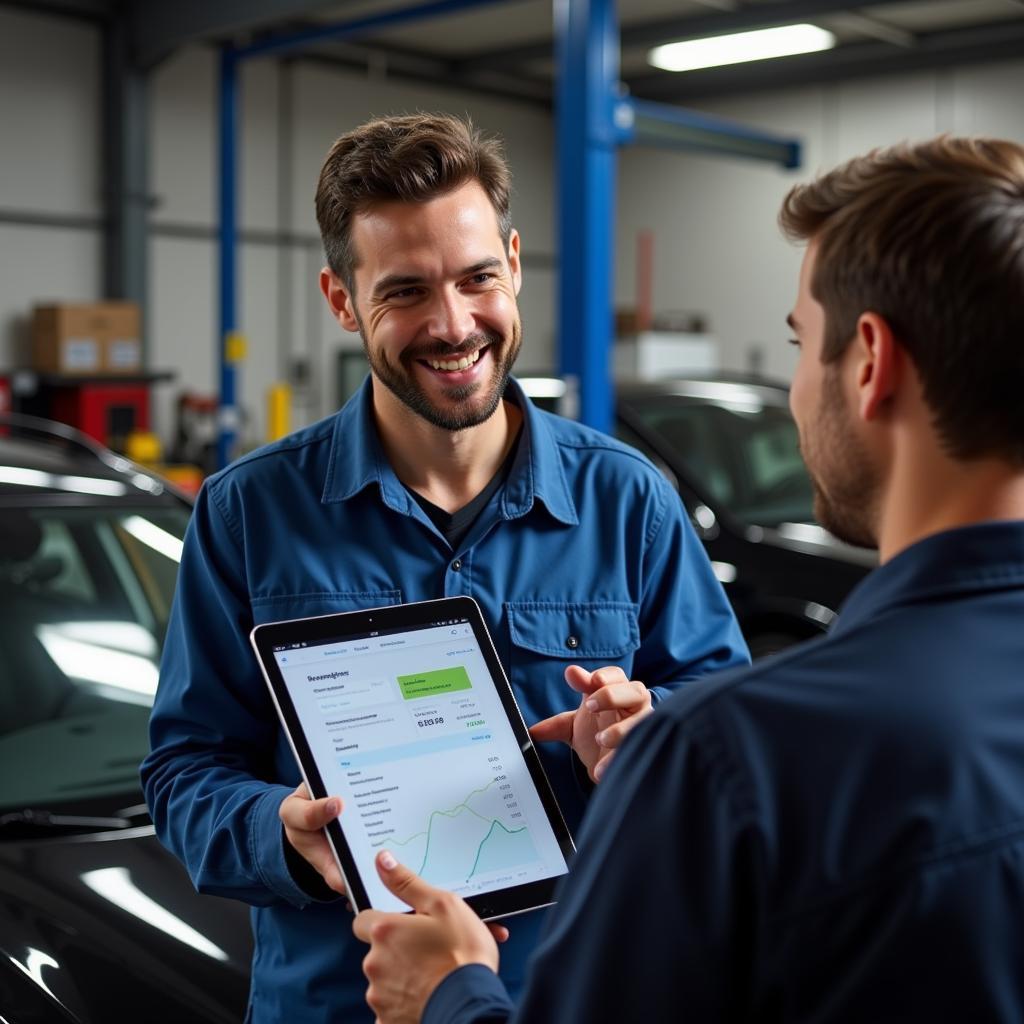 Mechanic showing a car diagnostic report to a customer