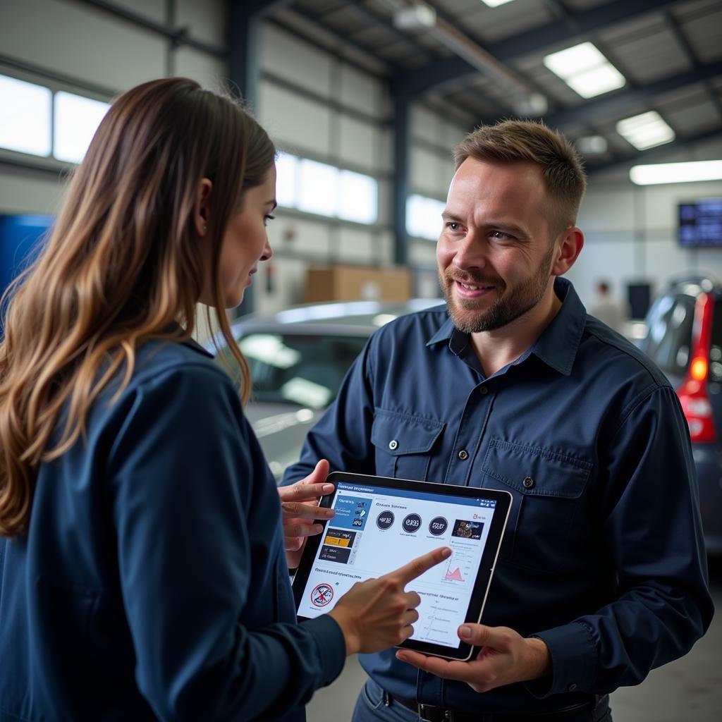 Mechanic discussing diagnostic test results with a car owner