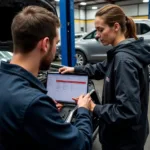 Mechanic Explaining Diagnostic Results to Car Owner