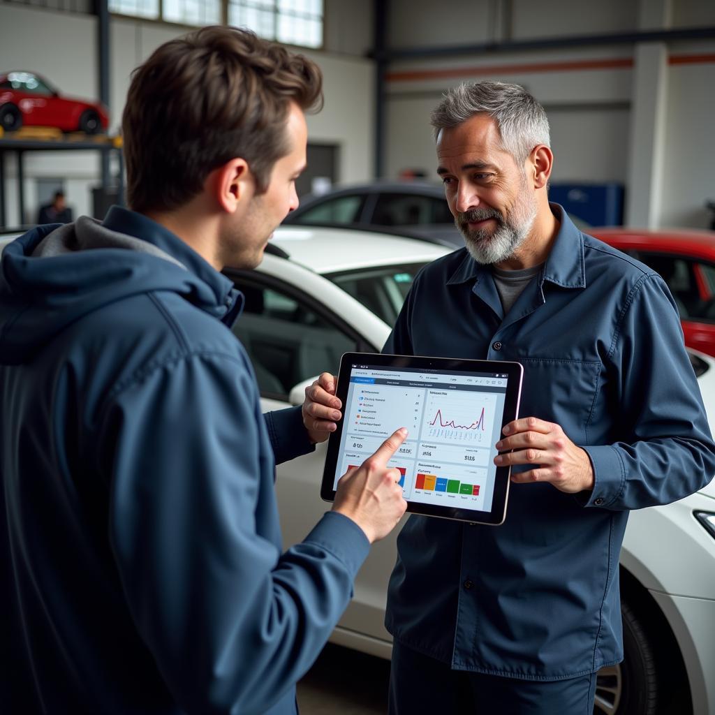 Mechanic discussing car diagnostics with a customer