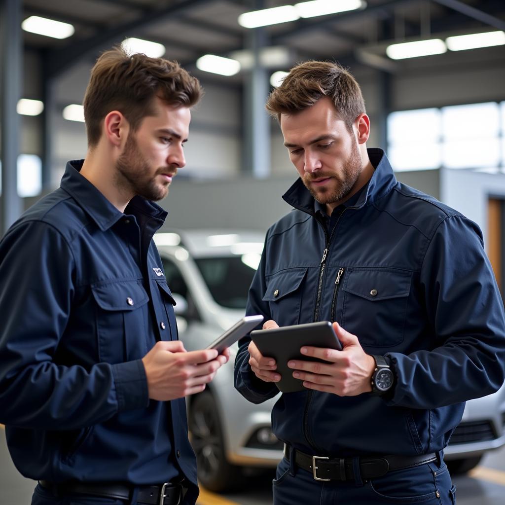 Mechanic Explaining Diagnostic Results to a Car Owner