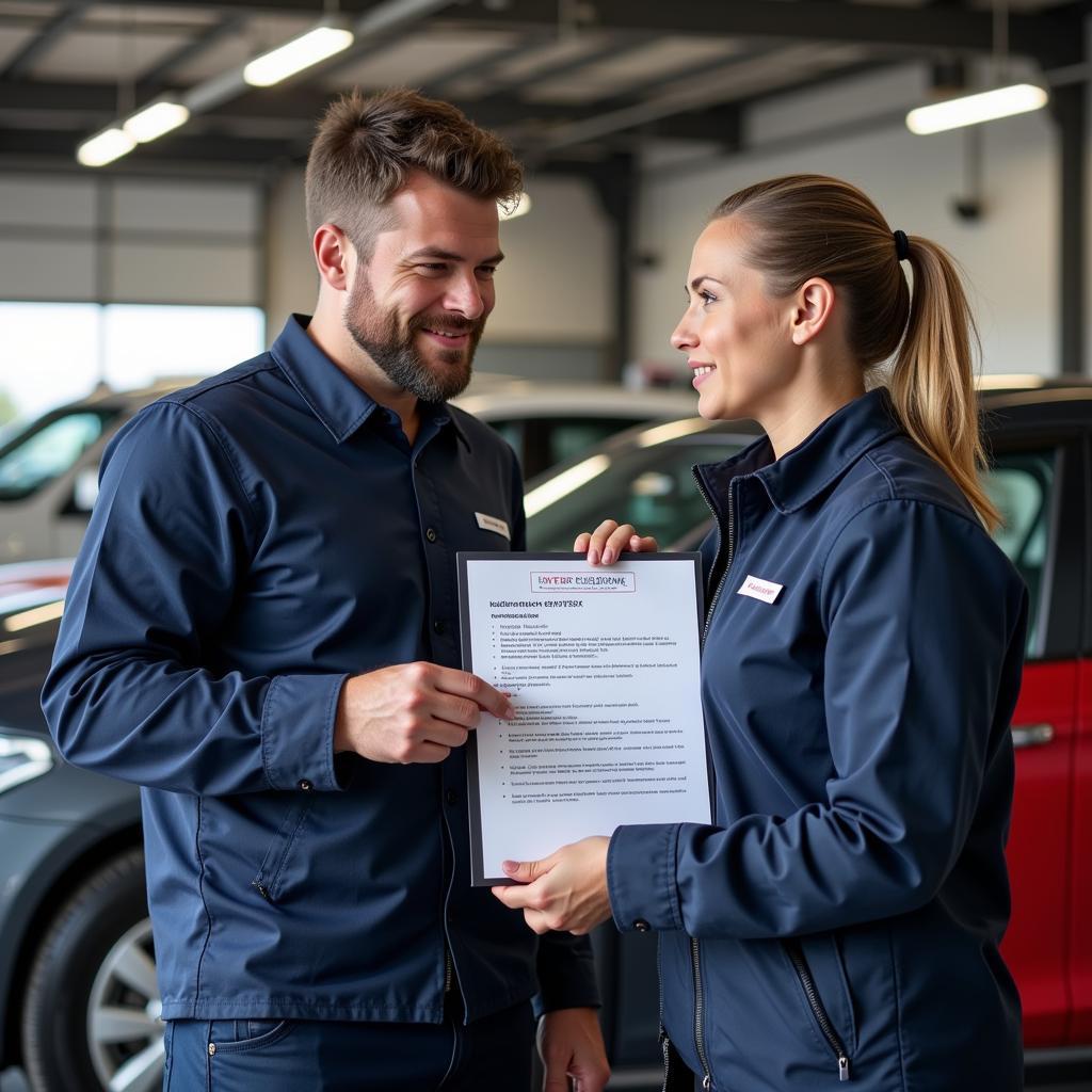 Mechanic Explaining Diagnostic Test Results to Car Owner