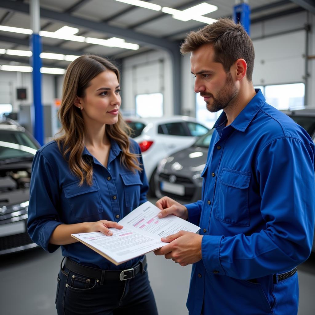 Mechanic explaining car diagnostic results to a car owner