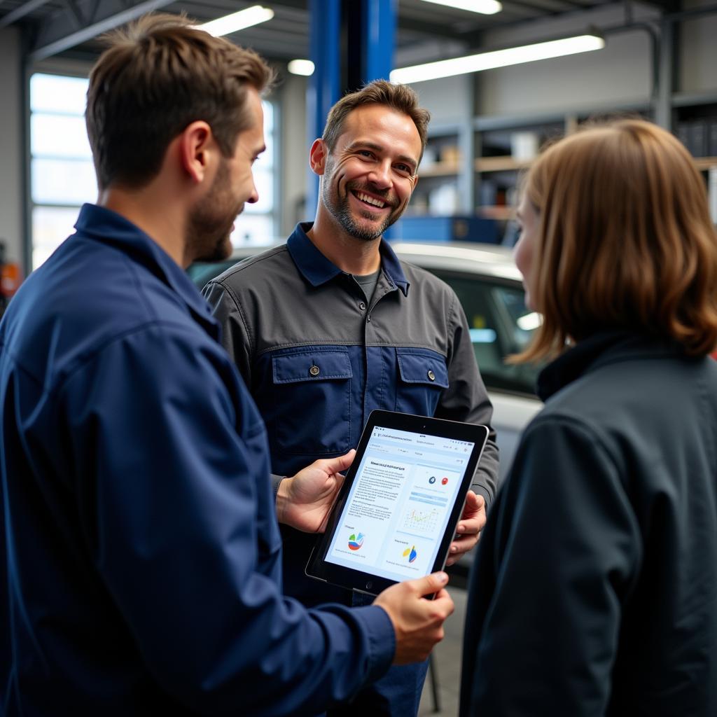 Mechanic explaining car diagnostic results to a car owner