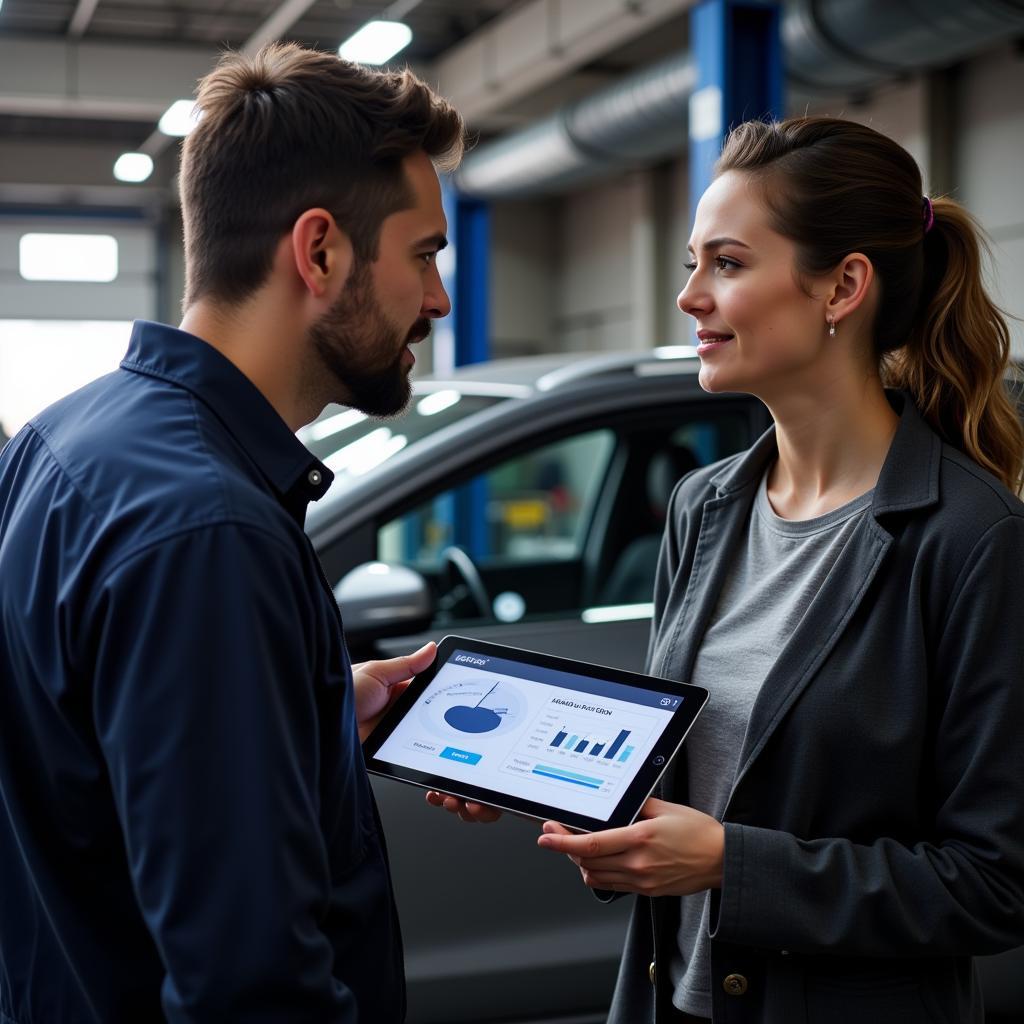 Mechanic Explaining Diagnostic Results to Car Owner