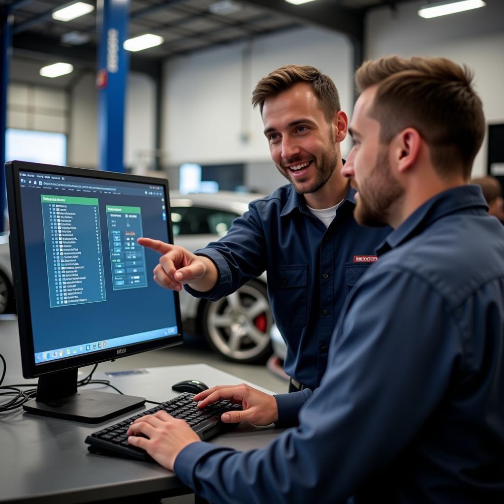 Mechanic explaining car diagnostic results to a car owner