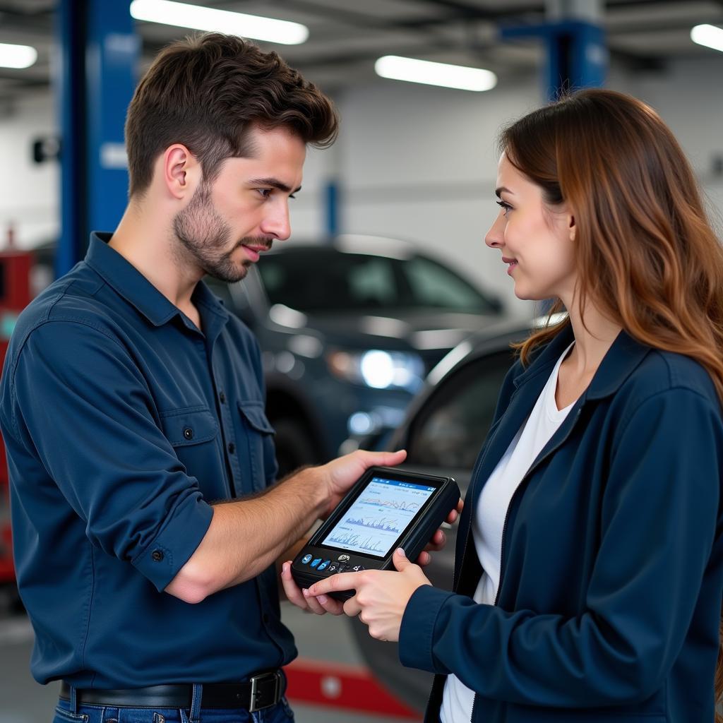 Mechanic Explaining Diagnostic Results to a Customer