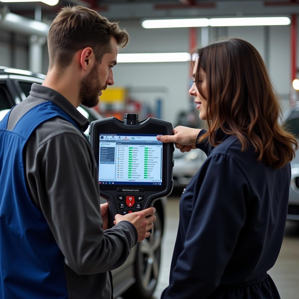 Mechanic discussing diagnostic test results with a car owner