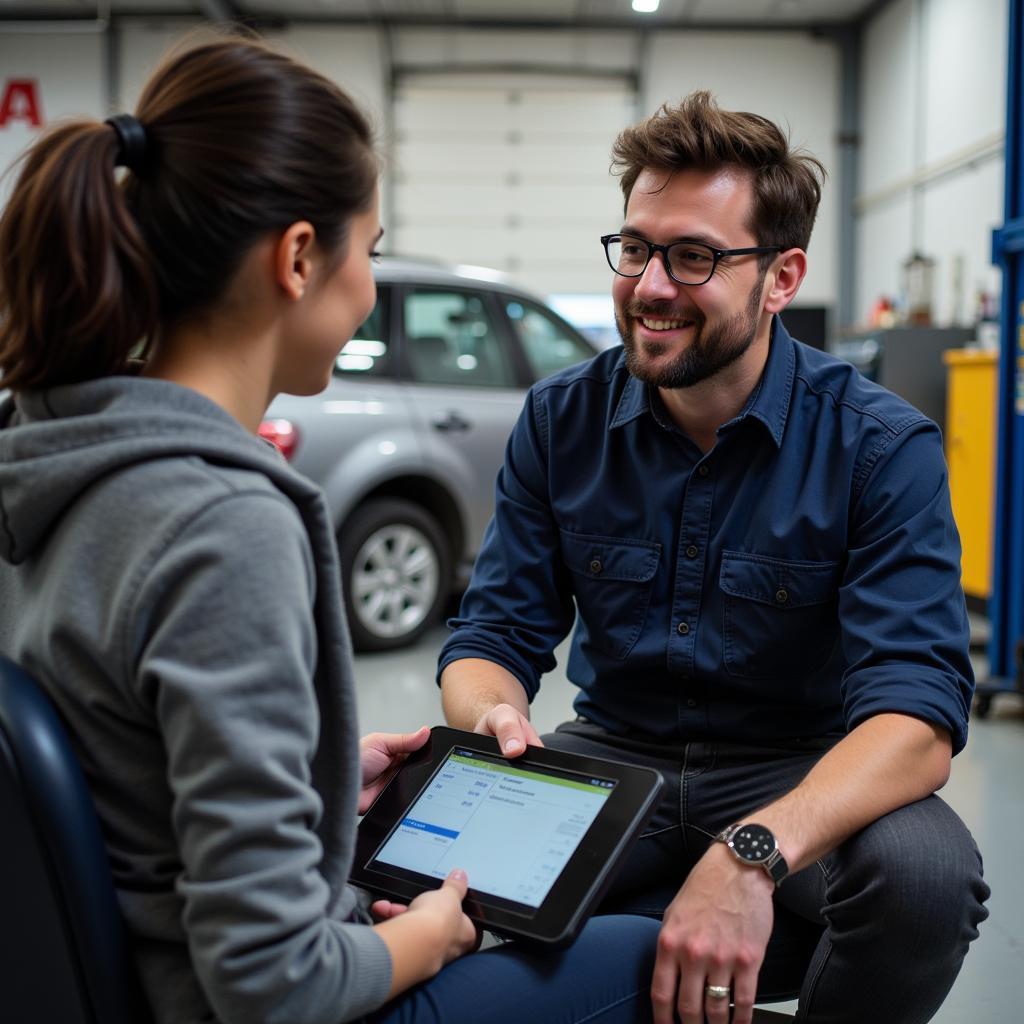 Mechanic Explaining Diagnostic Results to Car Owner