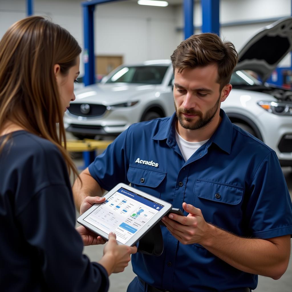 Mechanic Explaining Diagnostic Results to a Car Owner