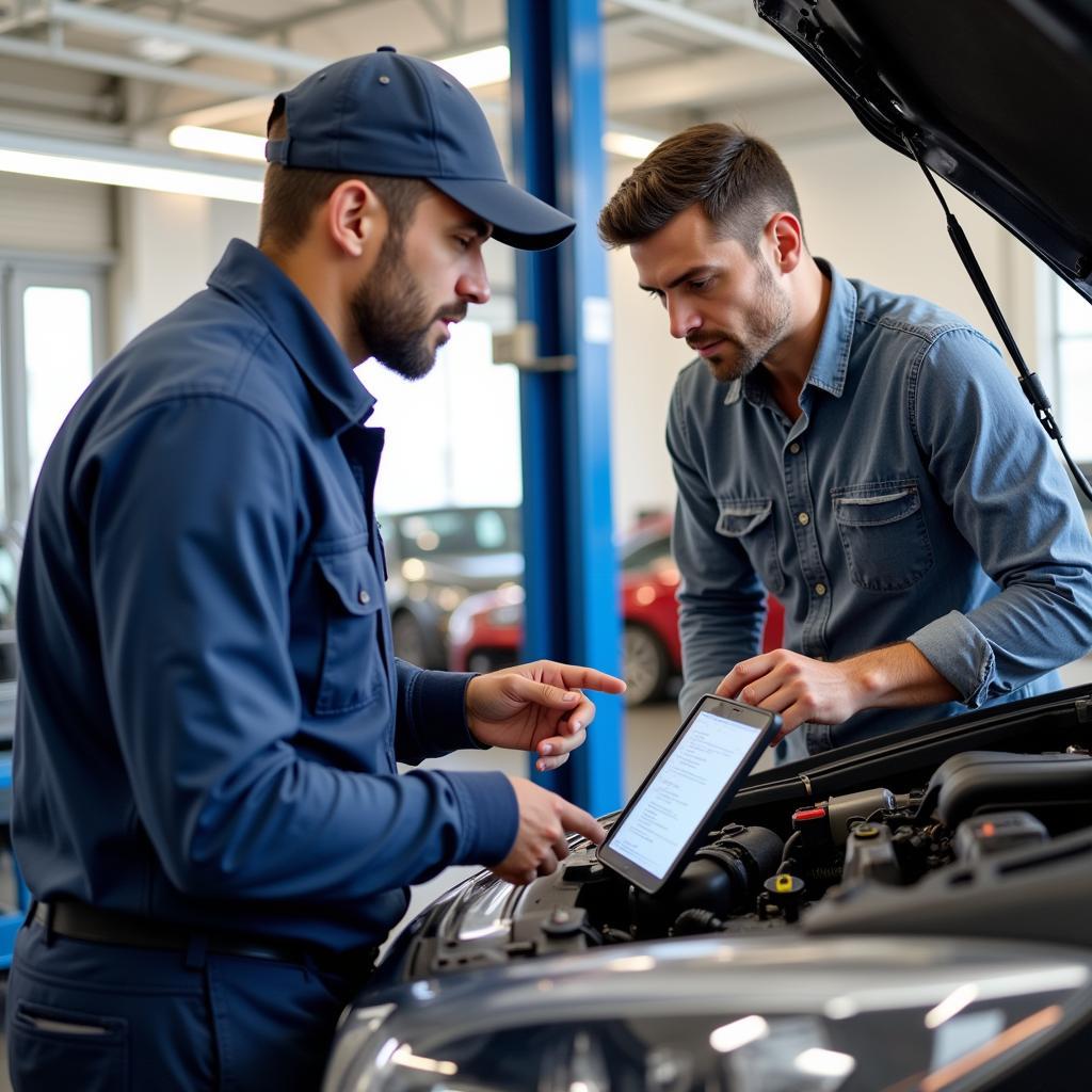 Mechanic Explaining Diagnostic Results to Car Owner