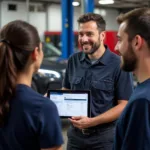 Mechanic Discussing Diagnostic Report with Customer