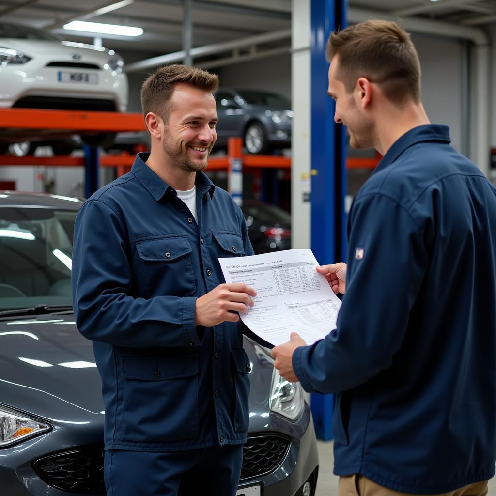 A mechanic in Ashford explains car diagnostic results to a customer