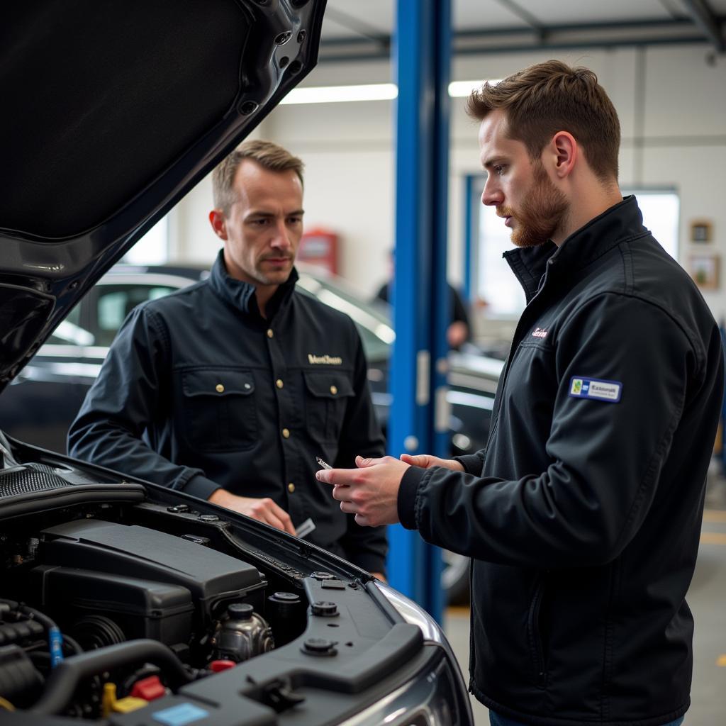 Mechanic explaining diagnostic test results to a car owner in Belfast