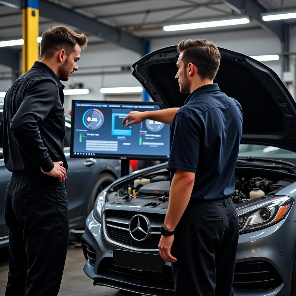 Mechanic explaining car diagnostic results to a customer