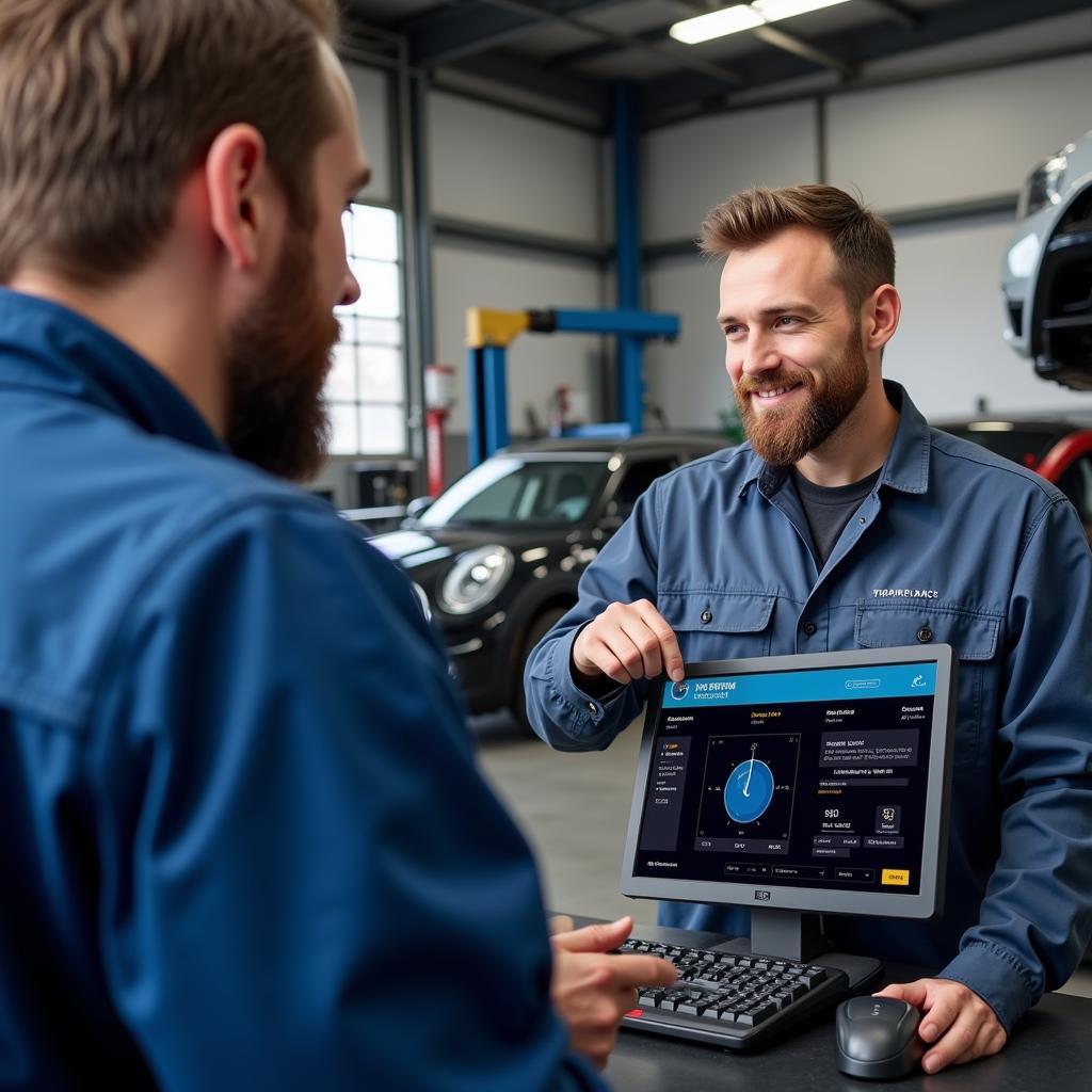 Mechanic in Mitcham explaining car diagnostic test results to a customer