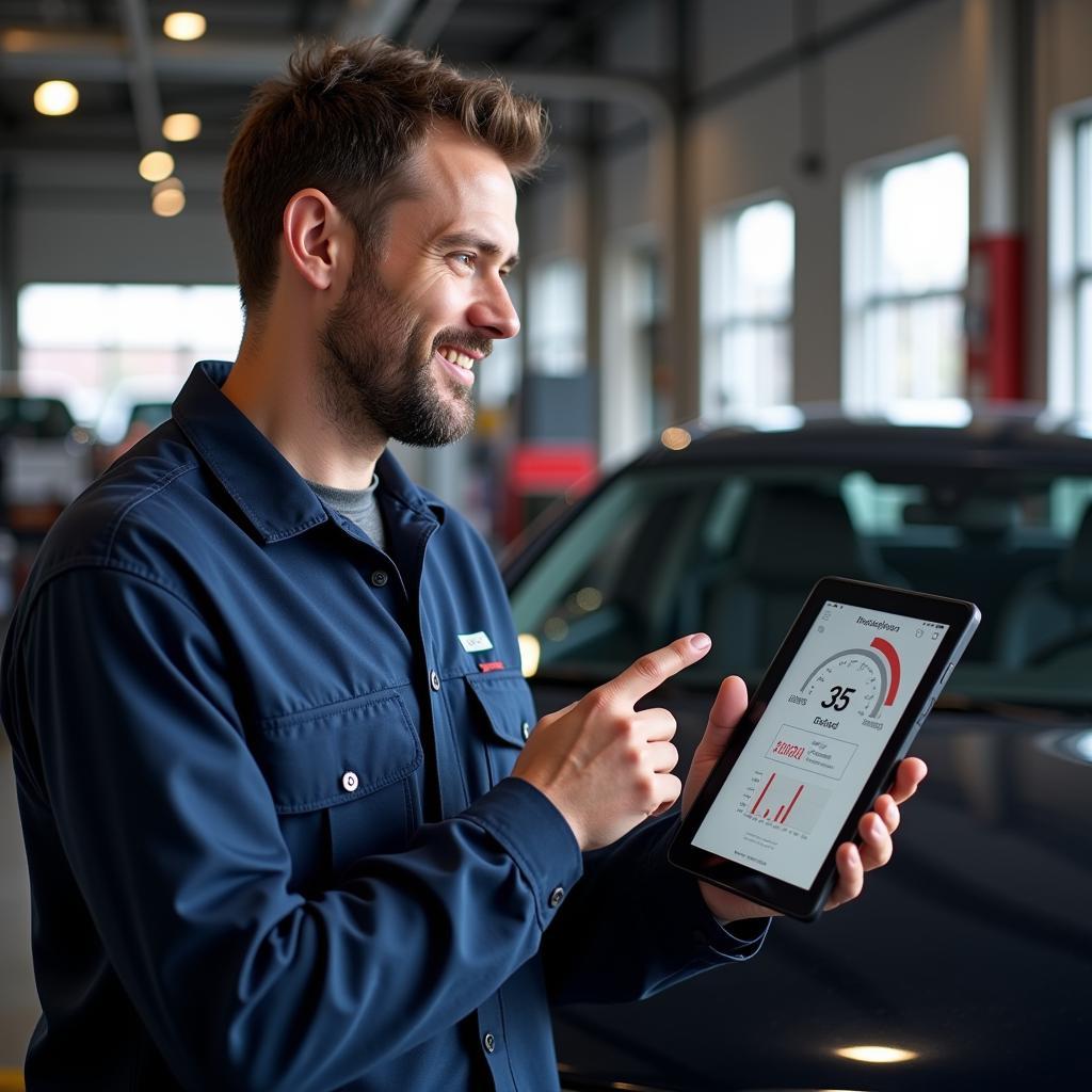 Mechanic Explaining Diagnostic Results on Tablet