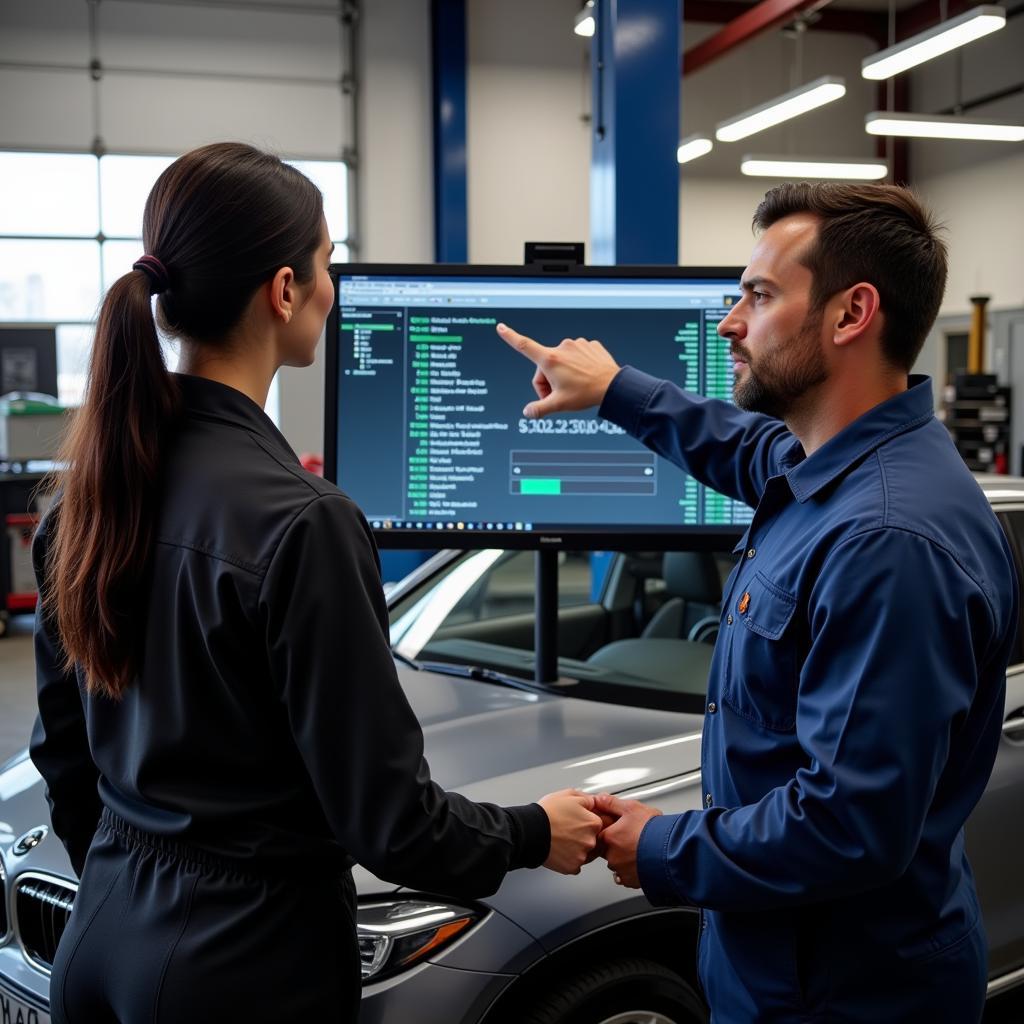 Mechanic explaining car diagnostic results to a vehicle owner