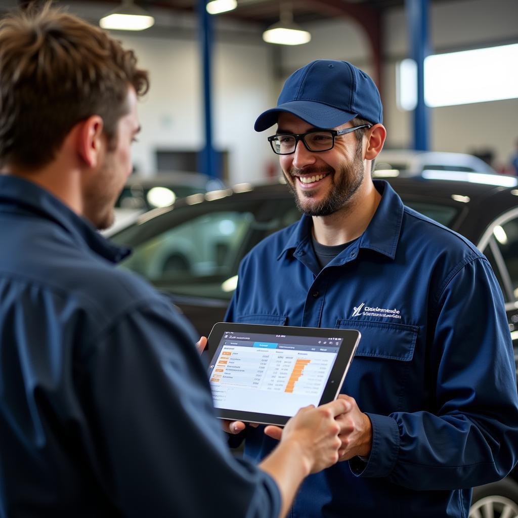 A mechanic explains car diagnostic results to a car owner using a tablet