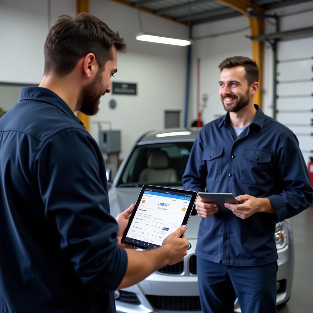 Mechanic Explaining Diagnostic Results to Car Owner