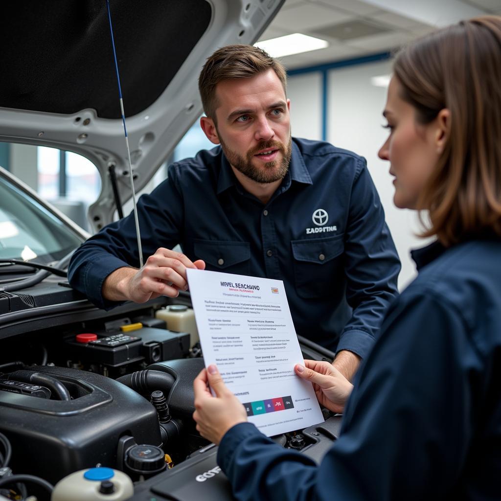 Mechanic explaining diagnostic results to a car owner using a tablet