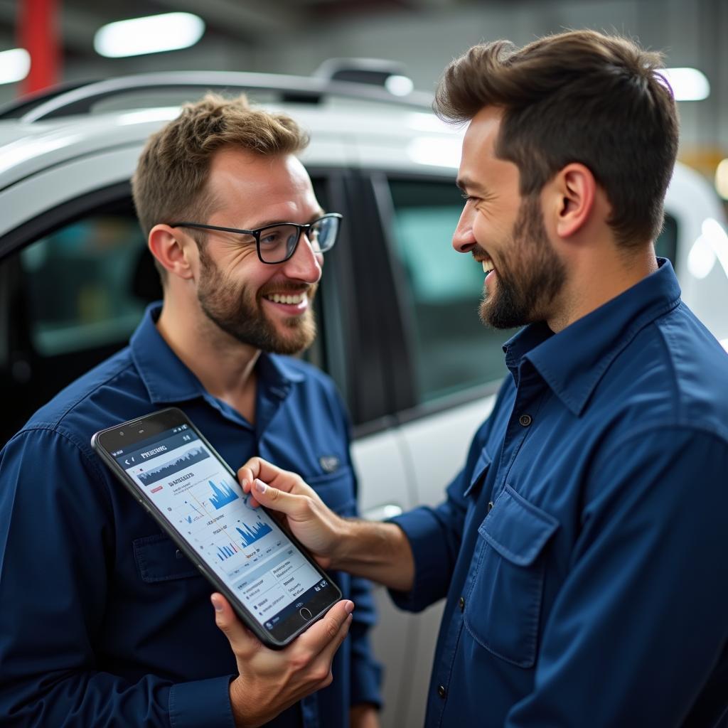 Mechanic Explaining Diagnostic Results to Car Owner