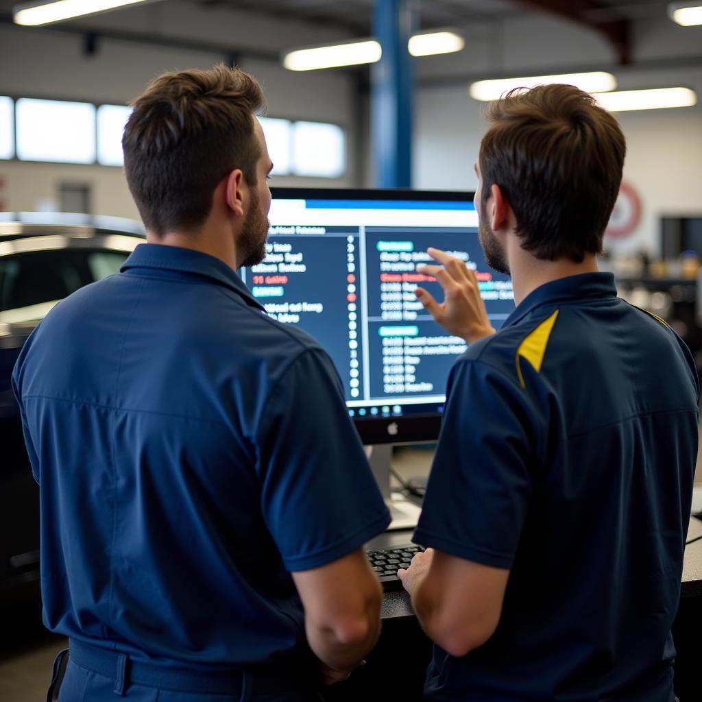 Mechanic discussing diagnostic findings with a car owner