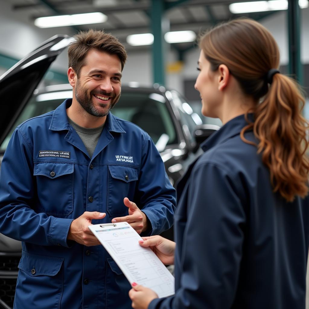 Mechanic Explaining Diagnostic Results to Customer