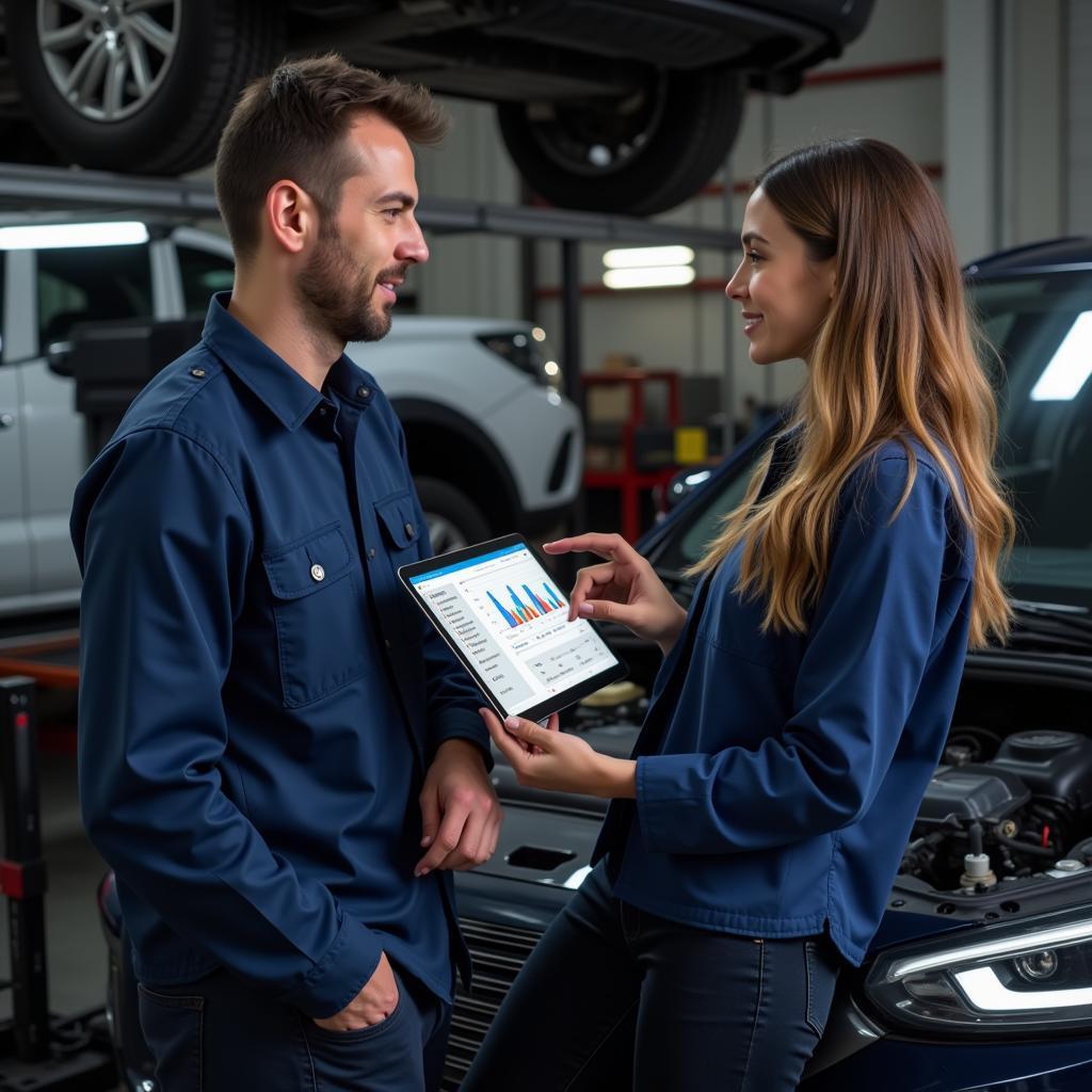 Mechanic showing a customer the results of a diagnostic test on a tablet