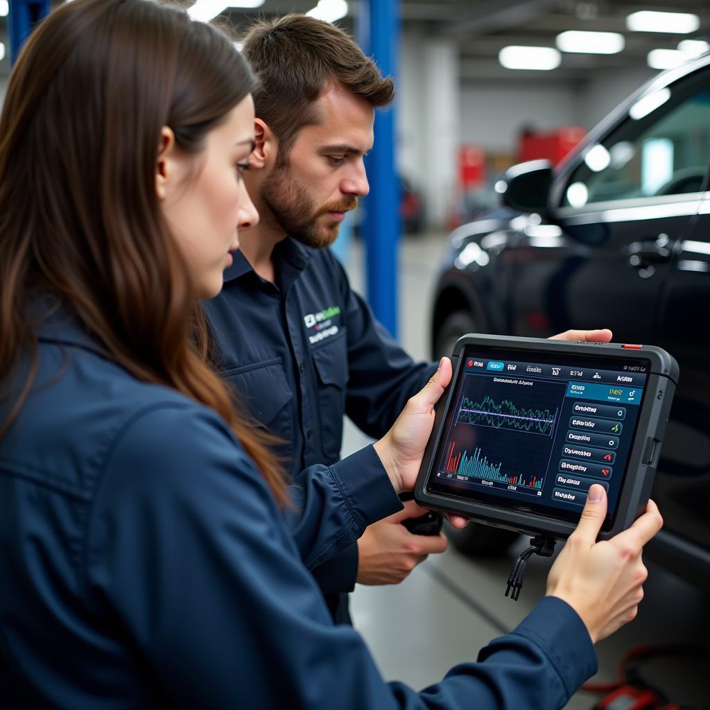 Mechanic explaining diagnostic results to a customer using a tablet