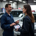 Mechanic discussing car diagnostic test results with a car owner.