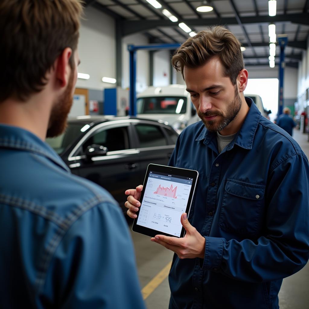 Mechanic explaining diagnostic results