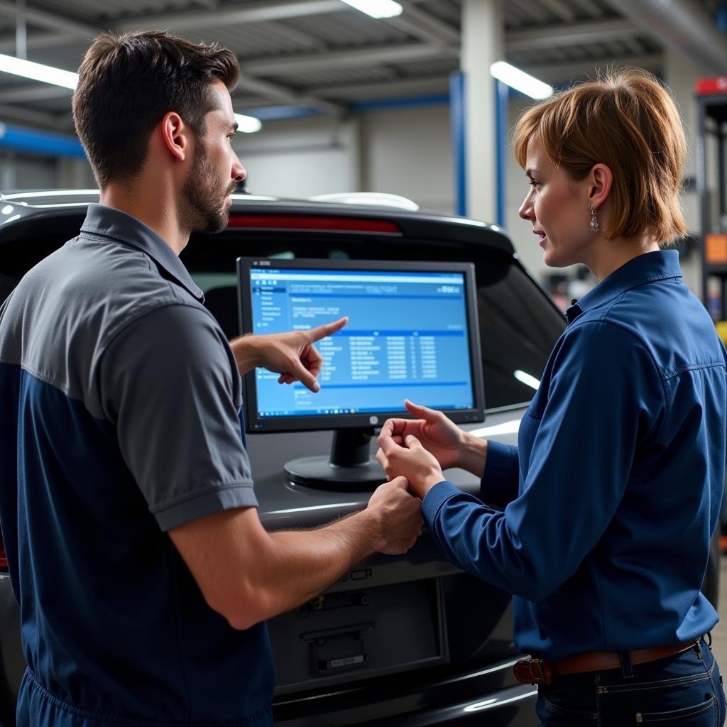 Mechanic Explaining Diagnostic Results to Customer