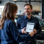 Mechanic Explaining Diagnostic Test Results to a Car Owner