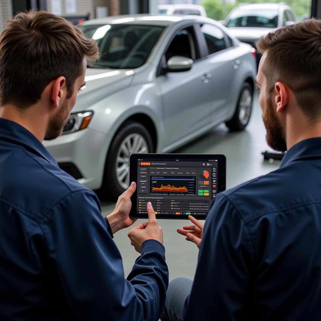 Mechanic Explaining Car Diagnostics to a Car Owner