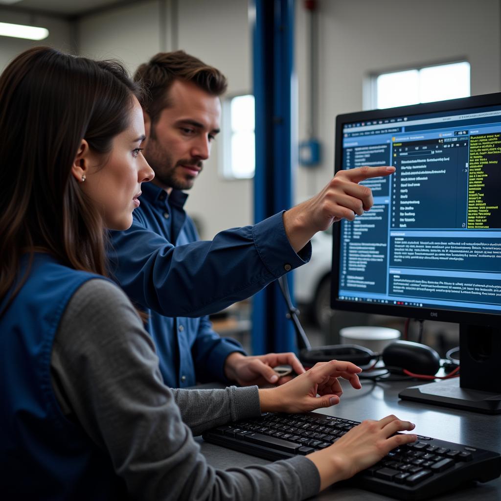 Mechanic explaining car diagnostic results to a car owner