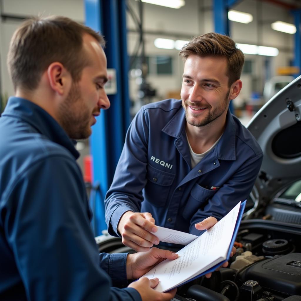 Mechanic Explaining Car Diagnostics to a Car Owner