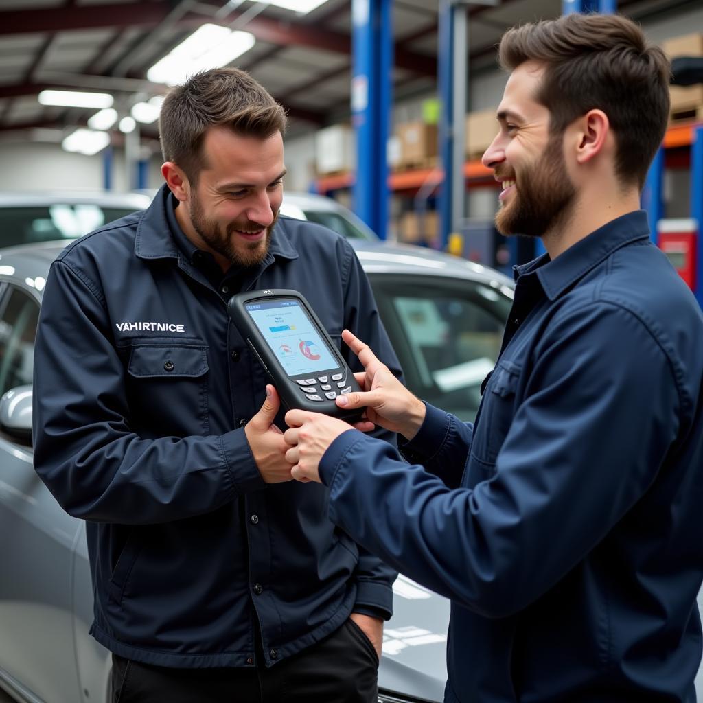 Mechanic Explaining Diagnostics Car Owner