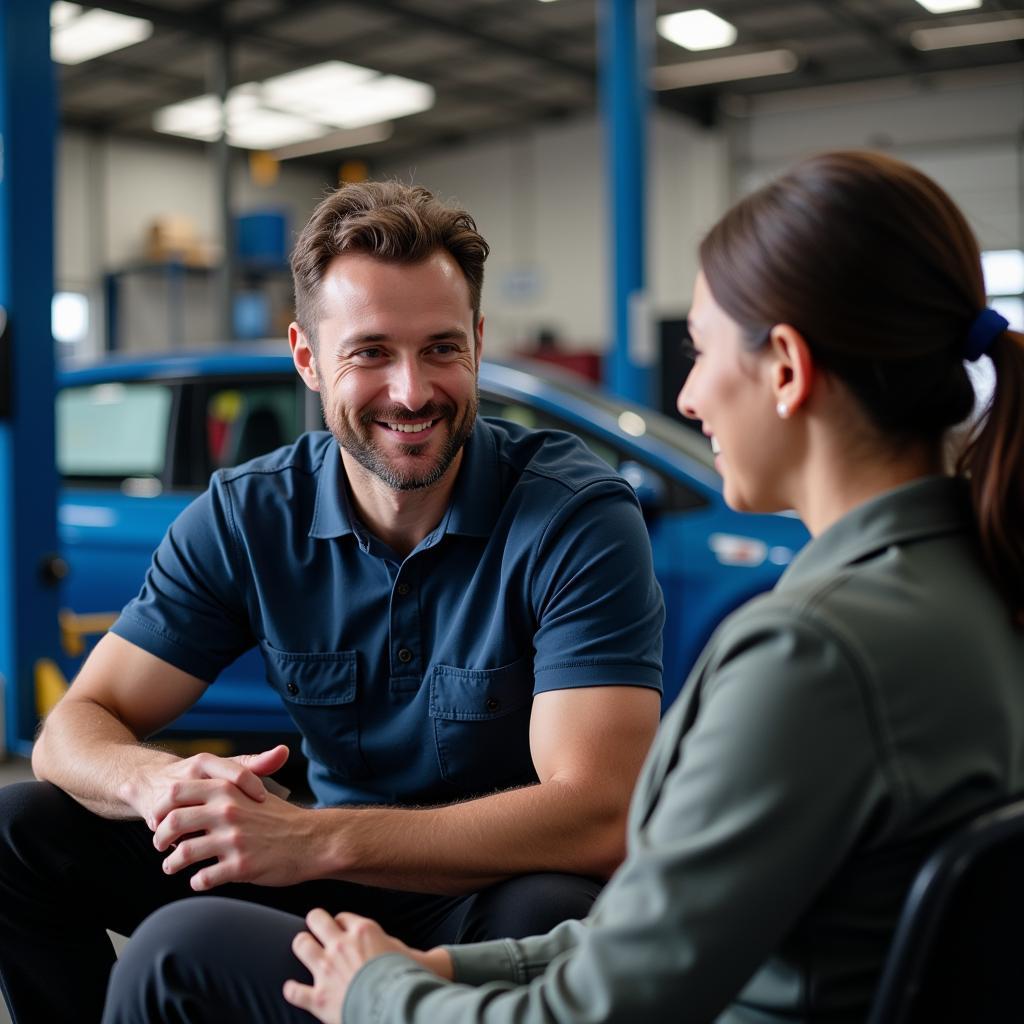 Mechanic explaining car diagnostic results to a customer