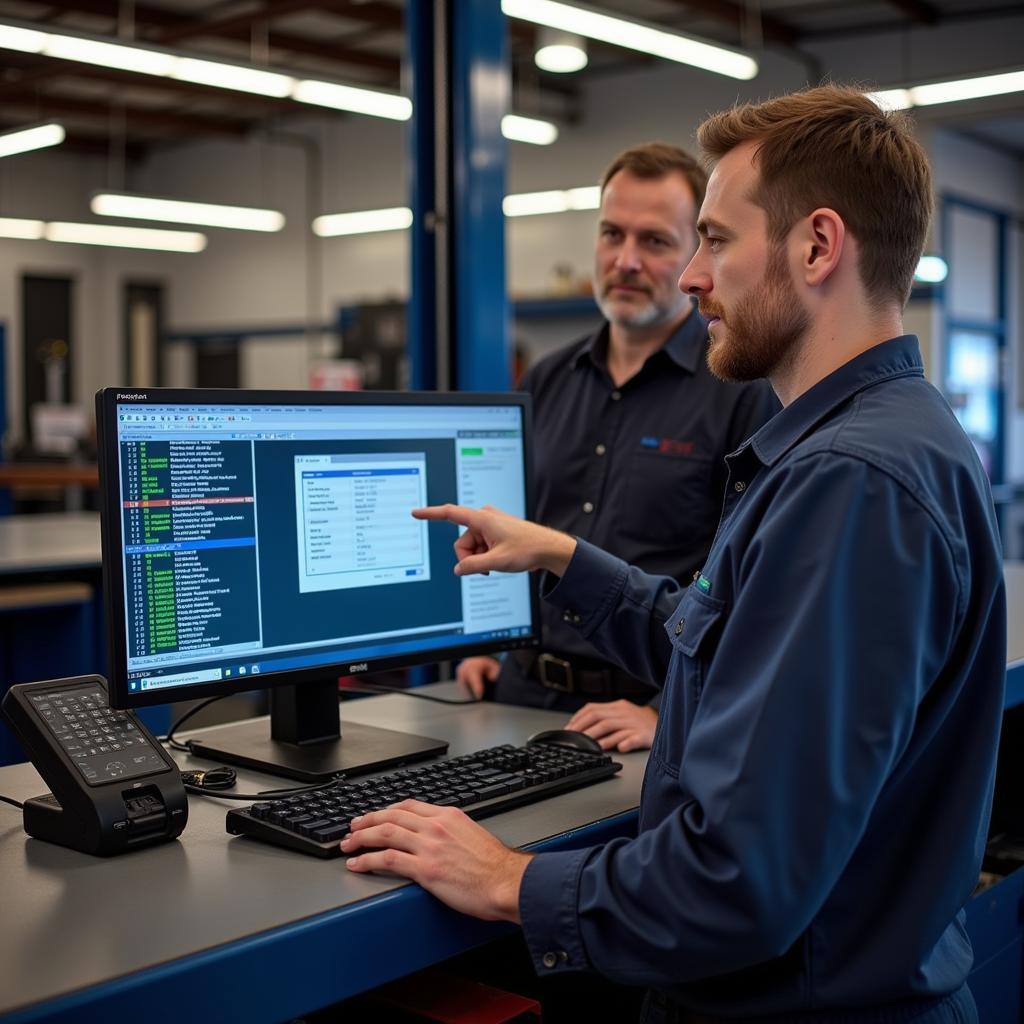 Mechanic explaining diagnostic results to a car owner in Fort William