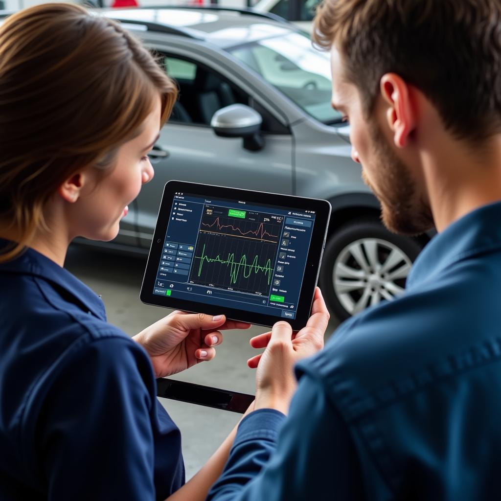 Mechanic discussing diagnostics test results with a car owner