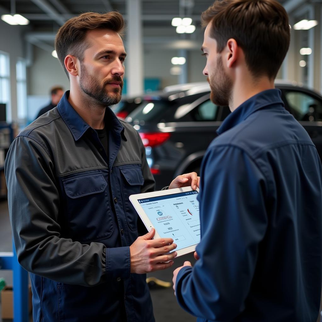 Mechanic using diagnostic software to explain car issues to a customer.