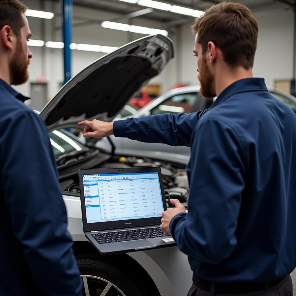 Mechanic Explaining Diagnostics to Customer