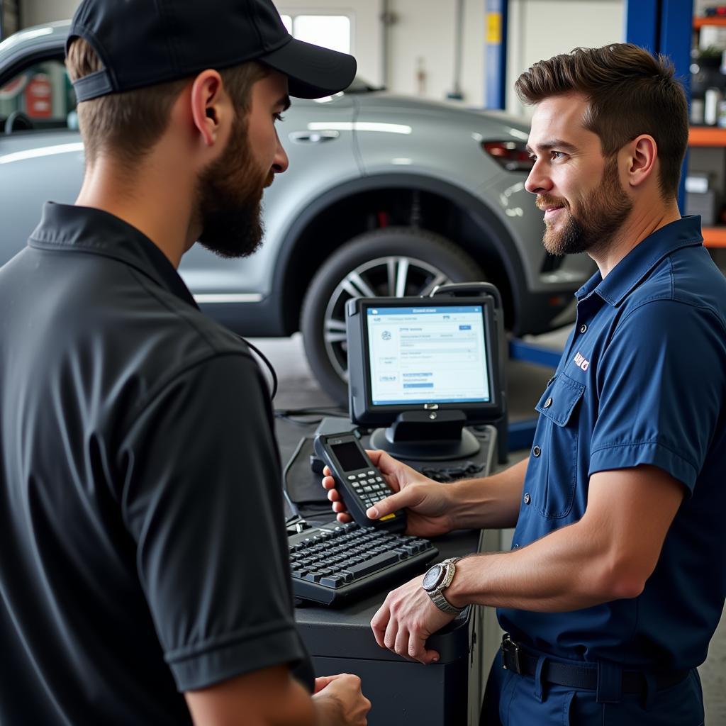 A mechanic explaining diagnostic results to a car owner in Brampton