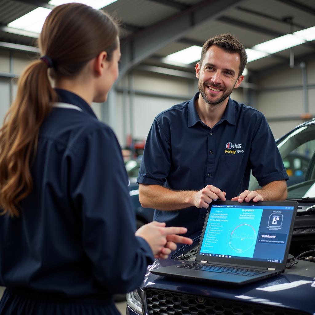 Mechanic Discussing Car Diagnostics with a Customer